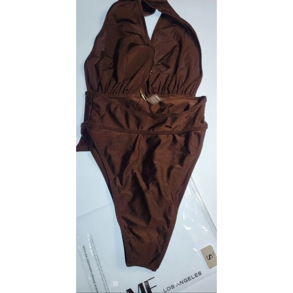 SAME Los Angeles One Piece Swimsuit Brown Halter High Cut Cheeky NWT Size S - Picture 5 of 6